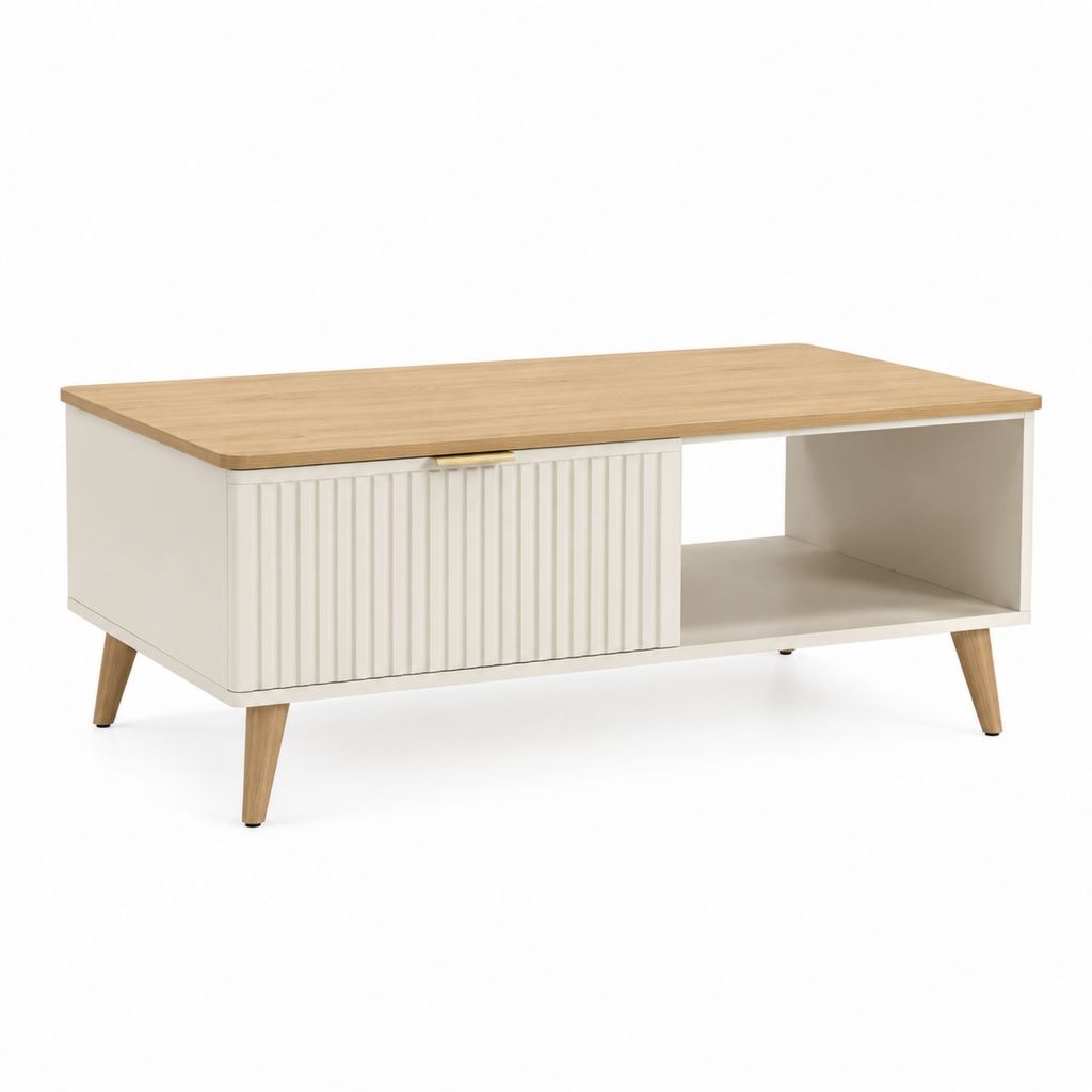 Tavolino da caffè rettangolare bianco e rovere con cassetto e vano a giorno 100 x 50 x 45 cm