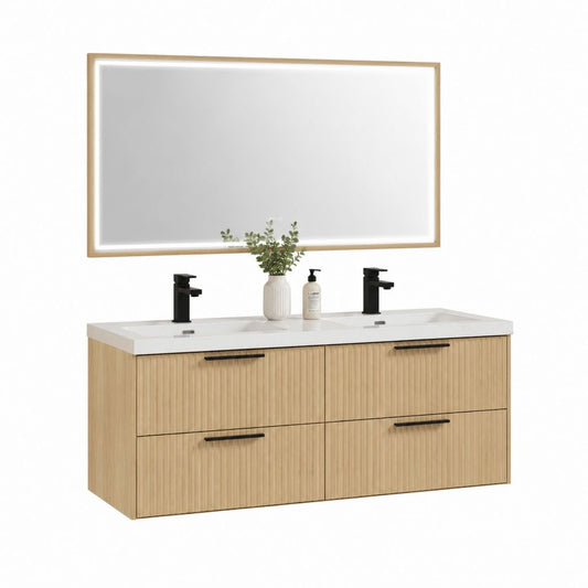 Set mobile bagno sospeso con doppio lavabo e specchio LED rovere chiaro in MDF 120 x 46 x 55 cm