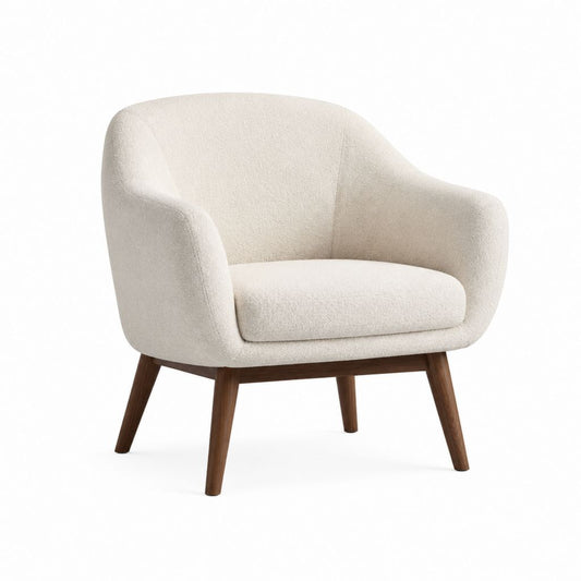 Poltrona da soggiorno arrotondata color avorio in bouclé di poliestere con gambe in legno massello noce 72 x 76 x 82 cm