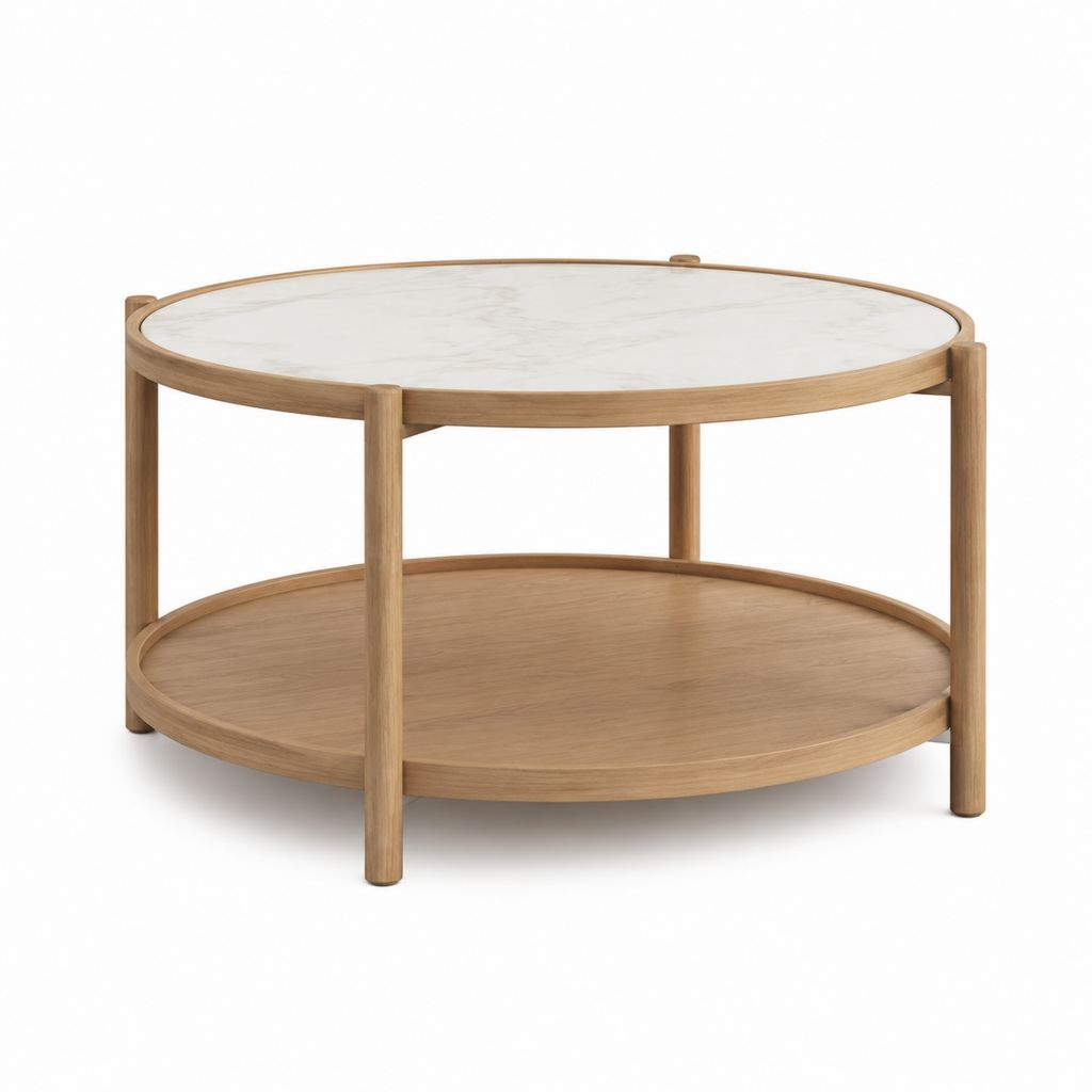 Tavolino da caffè rotondo bianco e rovere con piano in ceramica e ripiano Ø80 x 45 cm