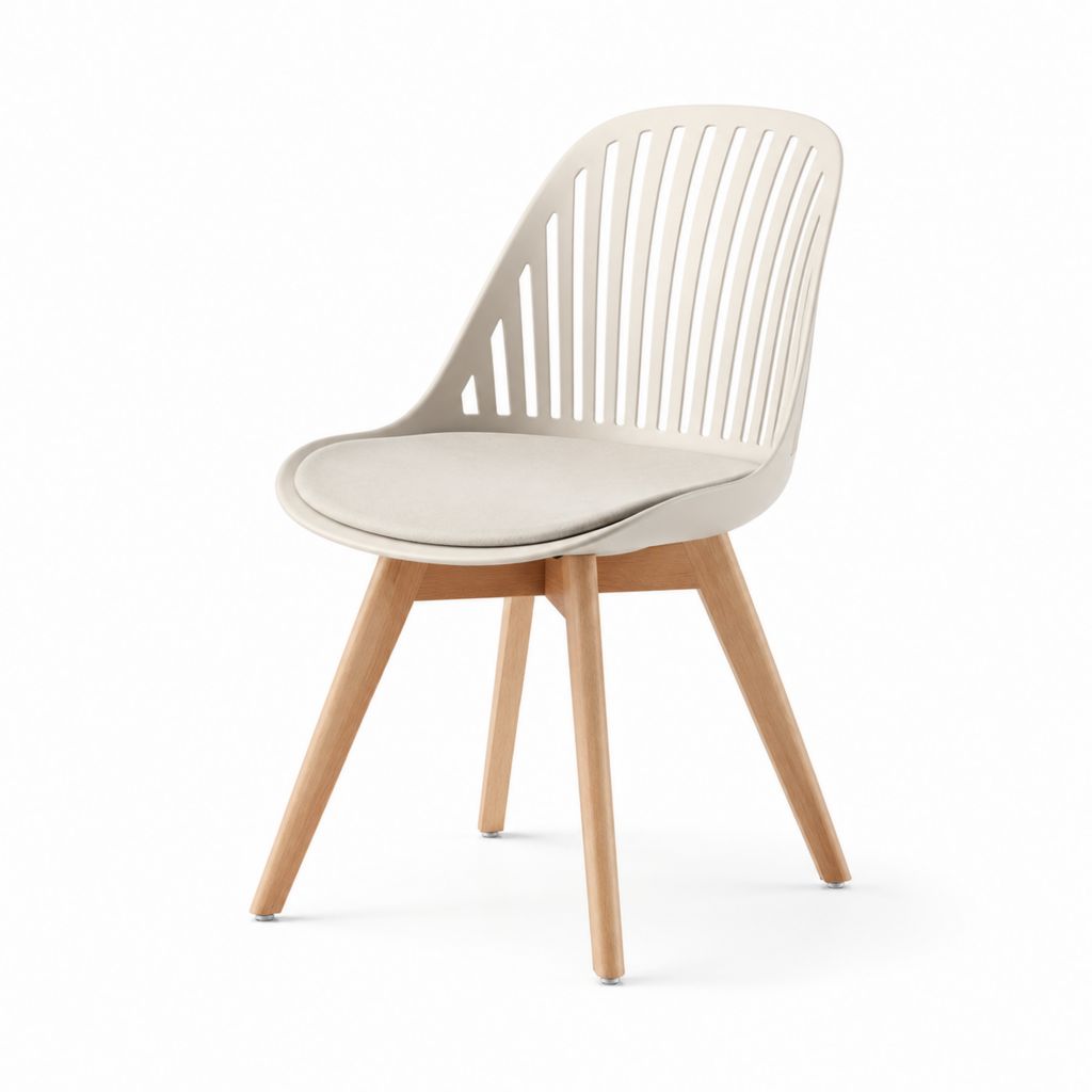 Sedia da pranzo beige in polipropilene con gambe in legno massello di faggio e seduta imbottita 48 x 55 x 83 cm