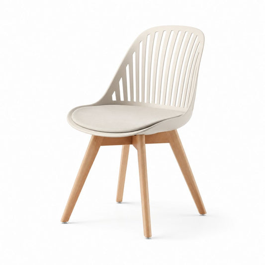 Sedia da pranzo beige in polipropilene con gambe in legno massello di faggio e seduta imbottita 48 x 55 x 83 cm