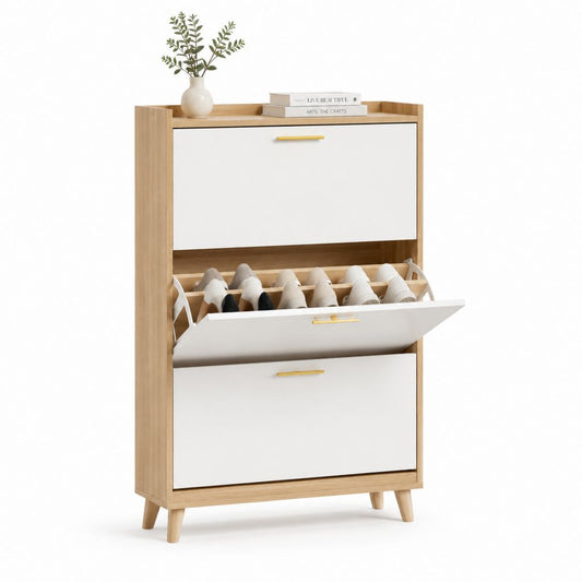Scarpiera a ribalta 3 ante bianco e rovere in MDF rettangolare 80 x 30 x 120 cm