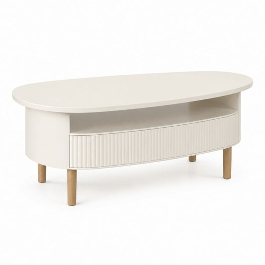 Tavolino da caffè ovale bianco in MDF con ante scanalate e gambe in legno massello 120 x 60 x 45 cm