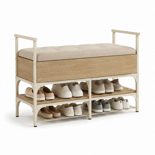Scarpiera con panca contenitore beige in acciaio e MDF 100 x 35 x 85 cm