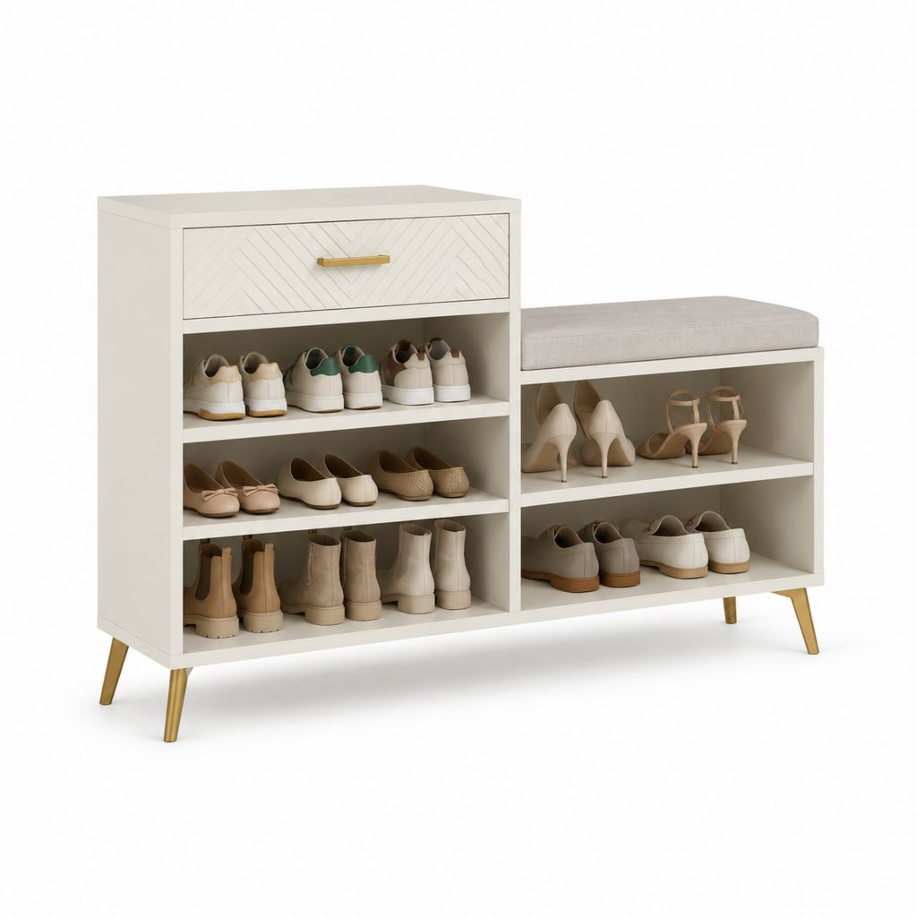 Scarpiera con panca bianco avorio in MDF e acciaio rettangolare 120 x 35 x 85 cm