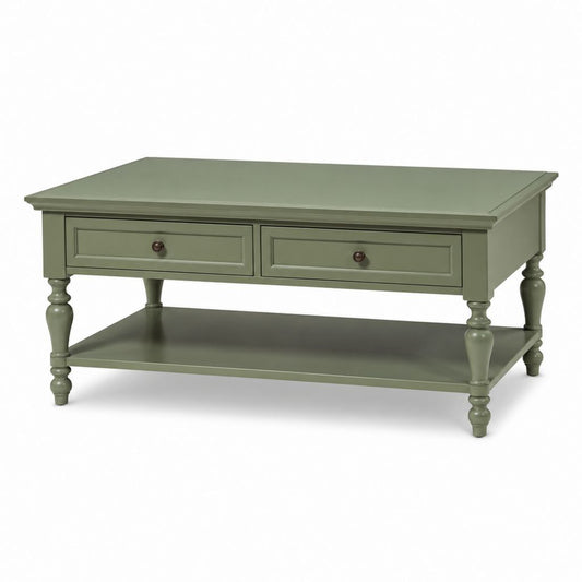 Tavolino da caffè rettangolare verde in MDF e legno massello con 2 cassetti 120 x 60 x 50 cm