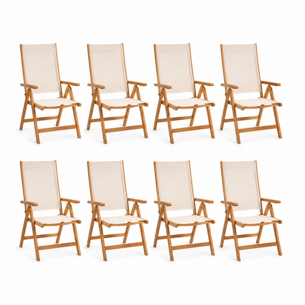 Set 8 sedie da giardino pieghevoli reclinabili beige in legno massello di acacia e textilene 57 x 69 x 111 cm