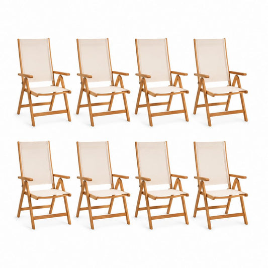 Set 8 sedie da giardino pieghevoli reclinabili beige in legno massello di acacia e textilene 57 x 69 x 111 cm