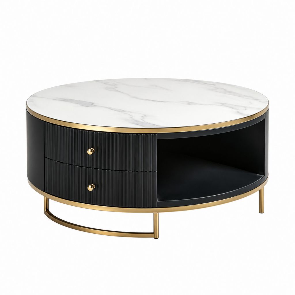 Tavolino da caffè rotondo bianco e nero in pietra sinterizzata e MDF con 2 cassetti Ø80 x 42 cm