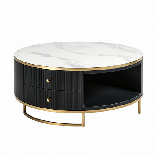 Tavolino da caffè rotondo bianco e nero in pietra sinterizzata e MDF con 2 cassetti Ø80 x 42 cm