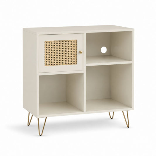 Mobile contenitore da ingresso bianco in MDF rettangolare con anta in rattan 60 x 30 x 80 cm