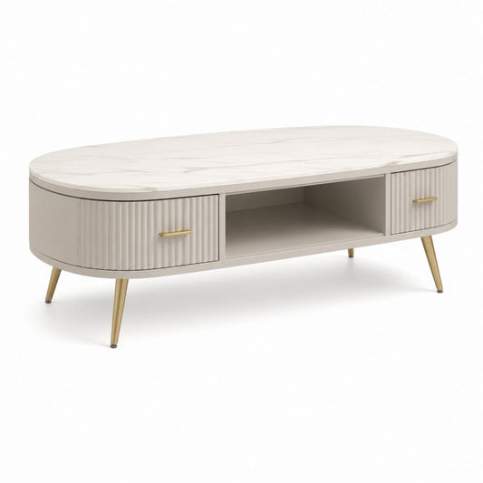 Tavolino da caffè ovale beige con piano effetto marmo e 2 cassetti 120 x 60 x 45 cm