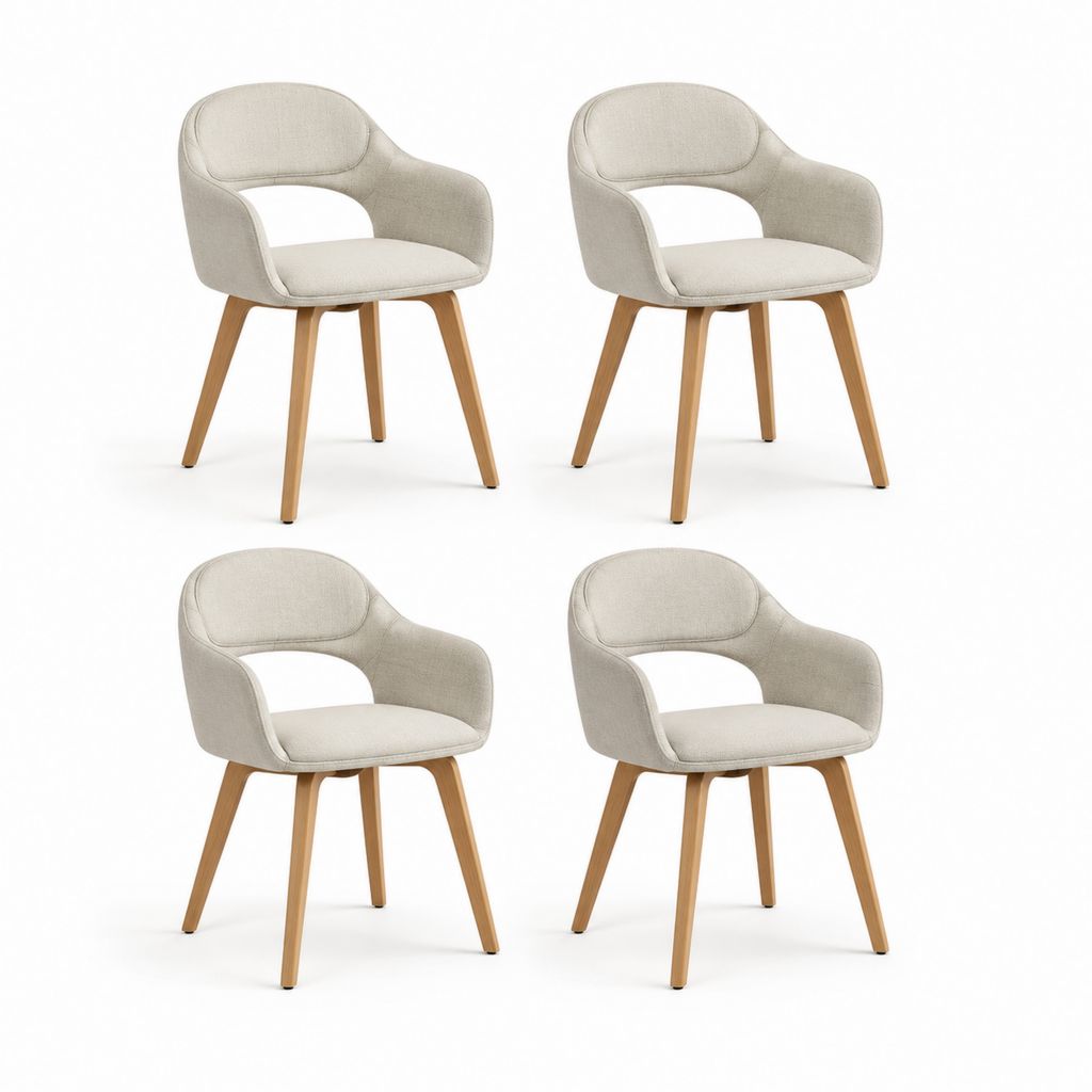 Set 4 Sedie da Pranzo Beige Imbottite in Poliestere con Gambe in Legno Massello 57 x 55 x 80 cm