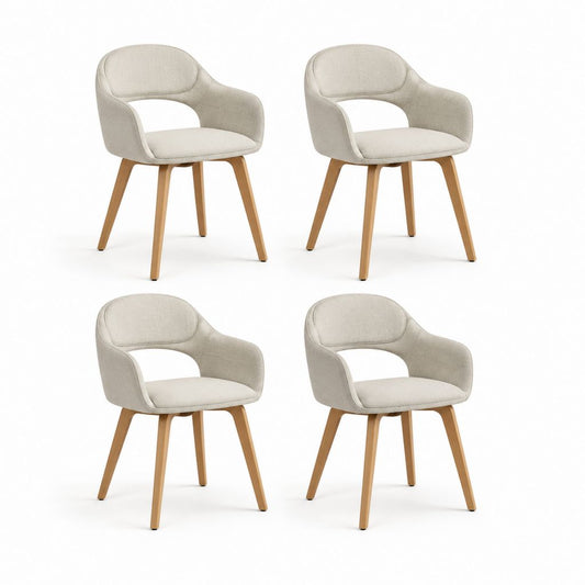 Set 4 Sedie da Pranzo Beige Imbottite in Poliestere con Gambe in Legno Massello 57 x 55 x 80 cm